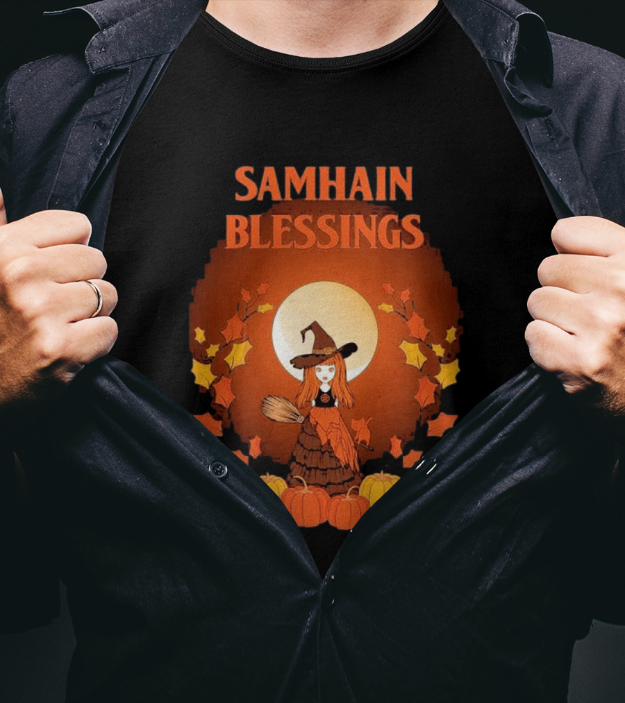 Samhain Blessings Little Witch And Pumpkin Magic Halloween T-Shirt