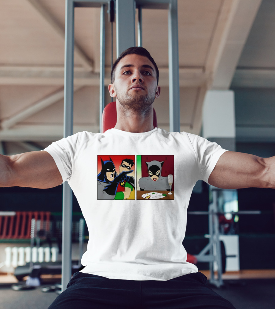 Batman Robin Yelling At Catwoman Meme Panel With Fish Plate And Wine Glass T-Shirt