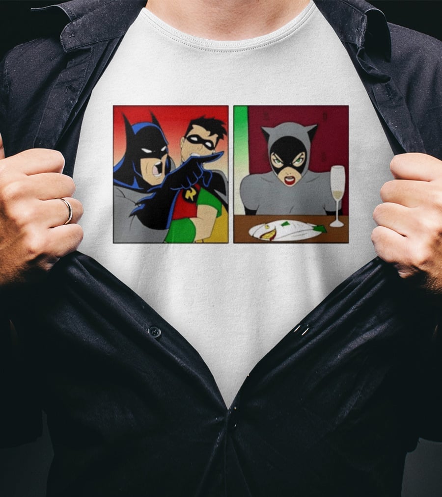 Batman Robin Yelling At Catwoman Meme Panel With Fish Plate And Wine Glass T-Shirt