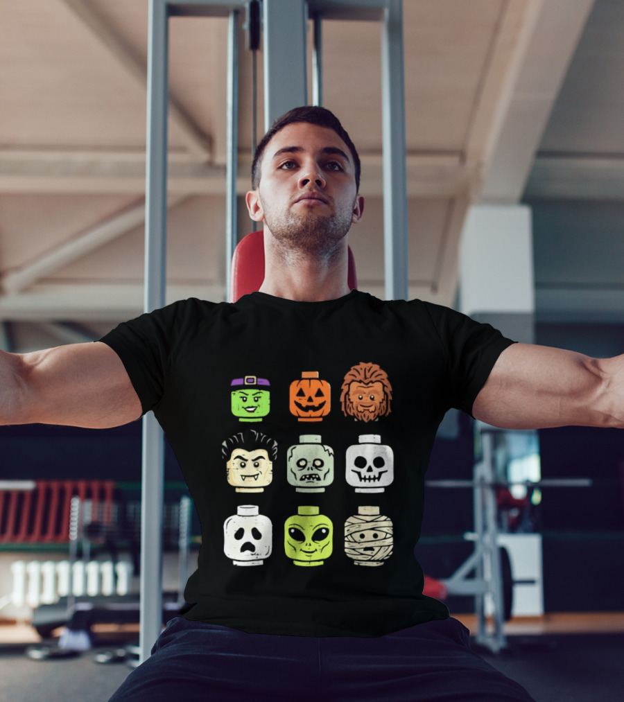 Distressed Halloween Minifigure Frankenstein Pumpkin Werewolf Dracula Zombie Ghost Alien Mummy Heads Collection T-Shirt