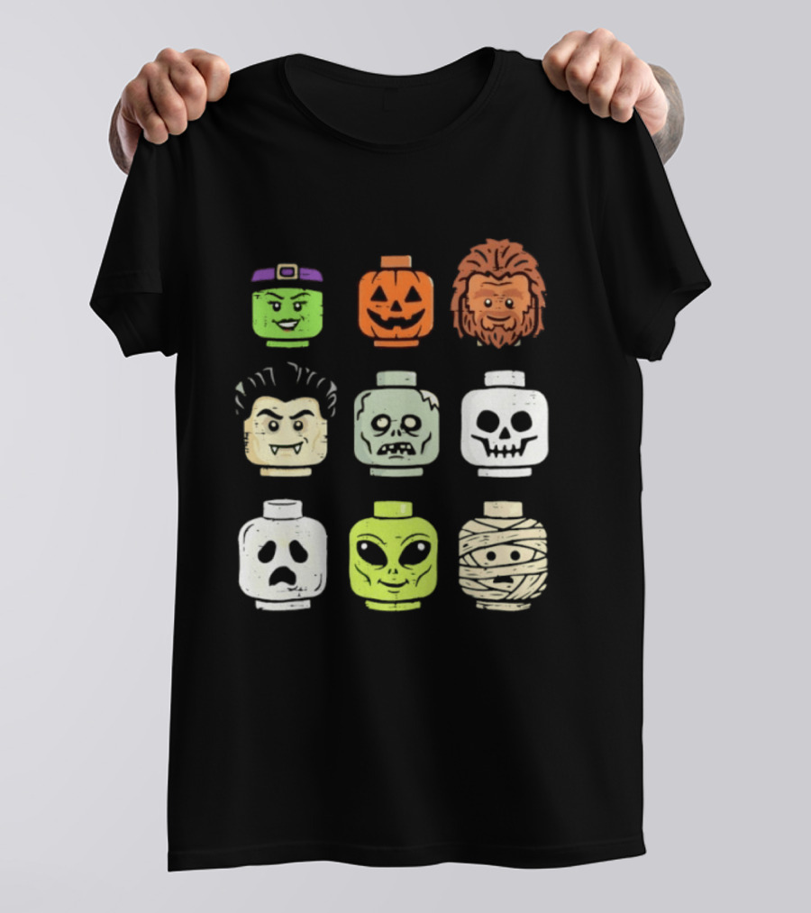 Distressed Halloween Minifigure Frankenstein Pumpkin Werewolf Dracula Zombie Ghost Alien Mummy Heads Collection T-Shirt