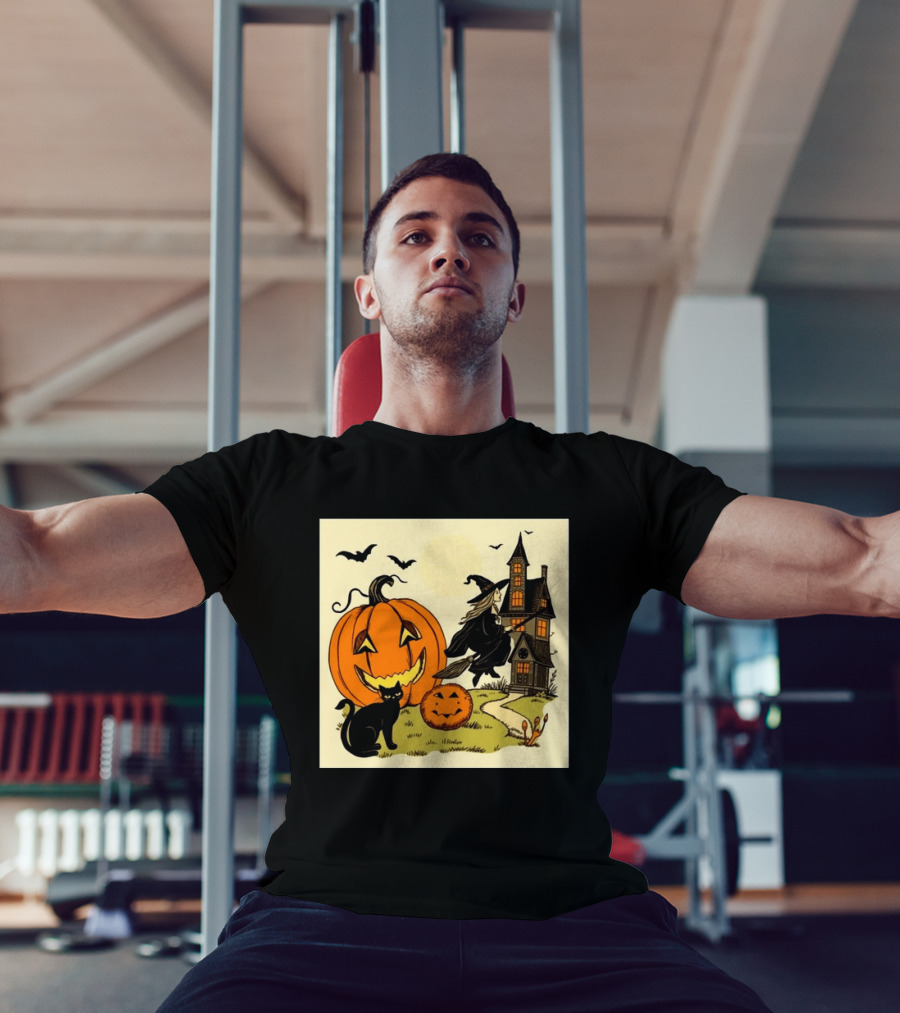 Spooktacular Halloween Black Cat Witch Pumpkin Haunted House T-Shirt