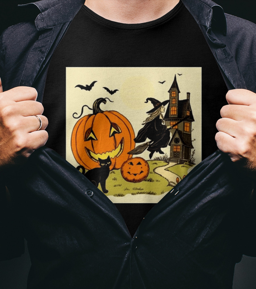 Spooktacular Halloween Black Cat Witch Pumpkin Haunted House T-Shirt