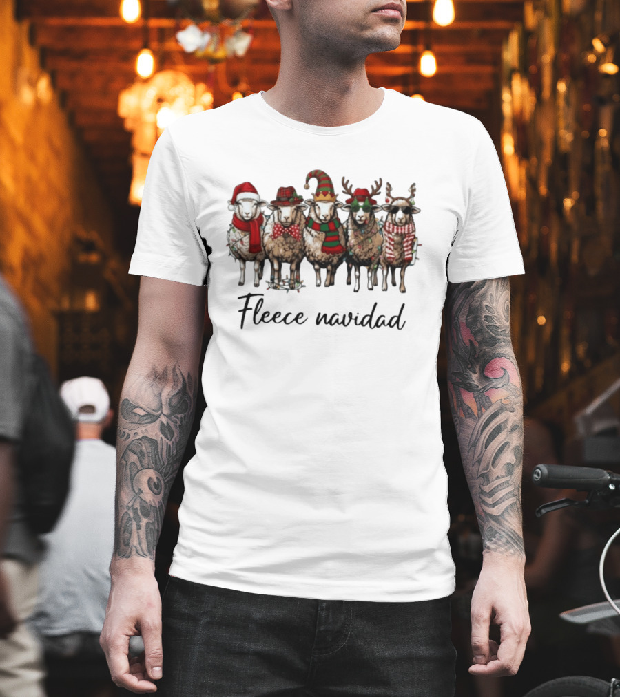 Fleece Navidad Christmas Sheep In Santa Hats Reindeer Antlers And Festive Scarves T-Shirt