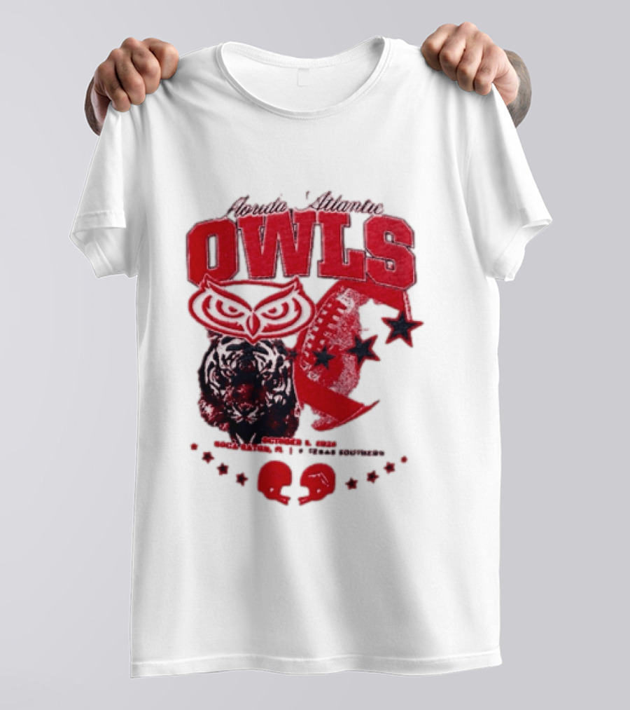 Florida Atlantic Owls Boca Raton Texas Southern 2026 Football Tiger Art Stars Red T-Shirt