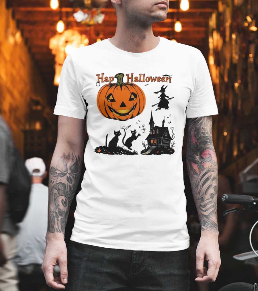 Happy Halloween Pumpkin Black Cats Witch Haunted House T-Shirt