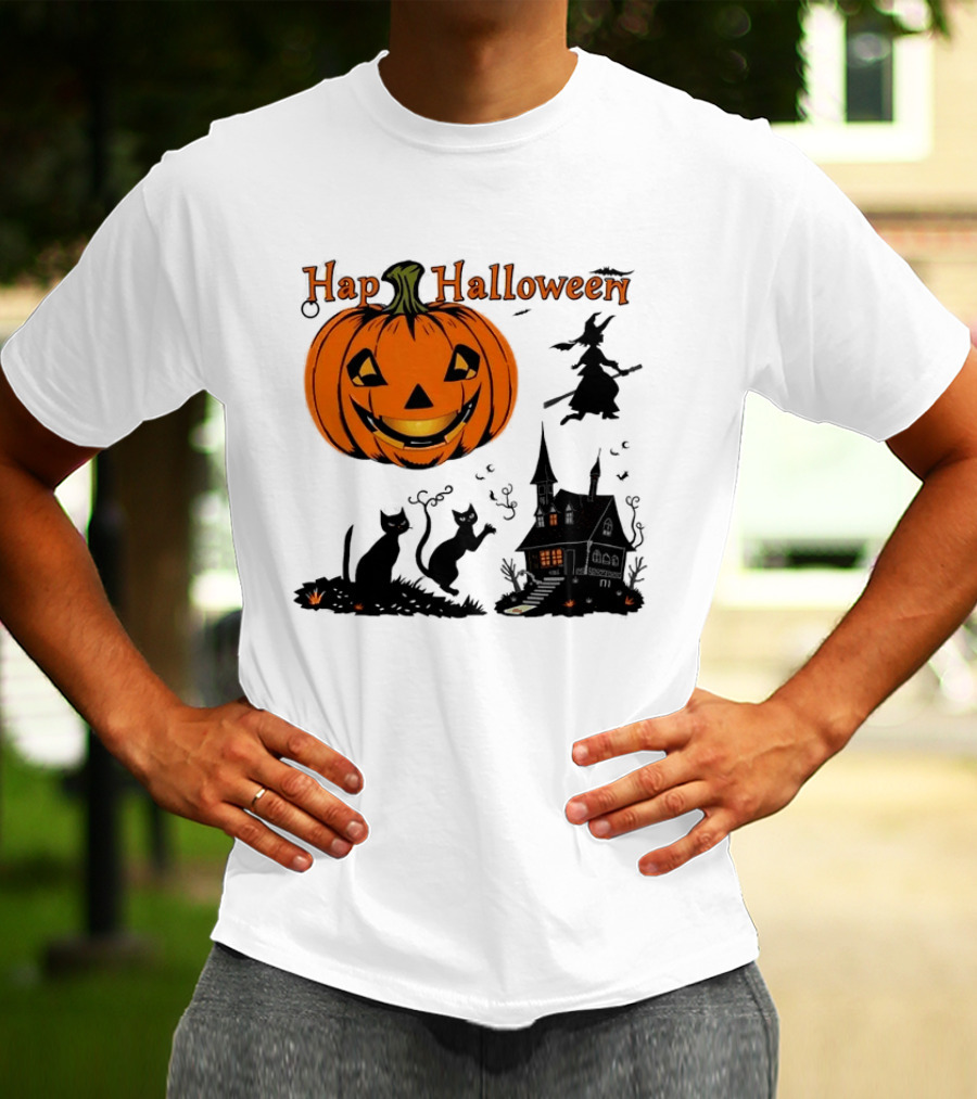 Happy Halloween Pumpkin Black Cats Witch Haunted House T-Shirt