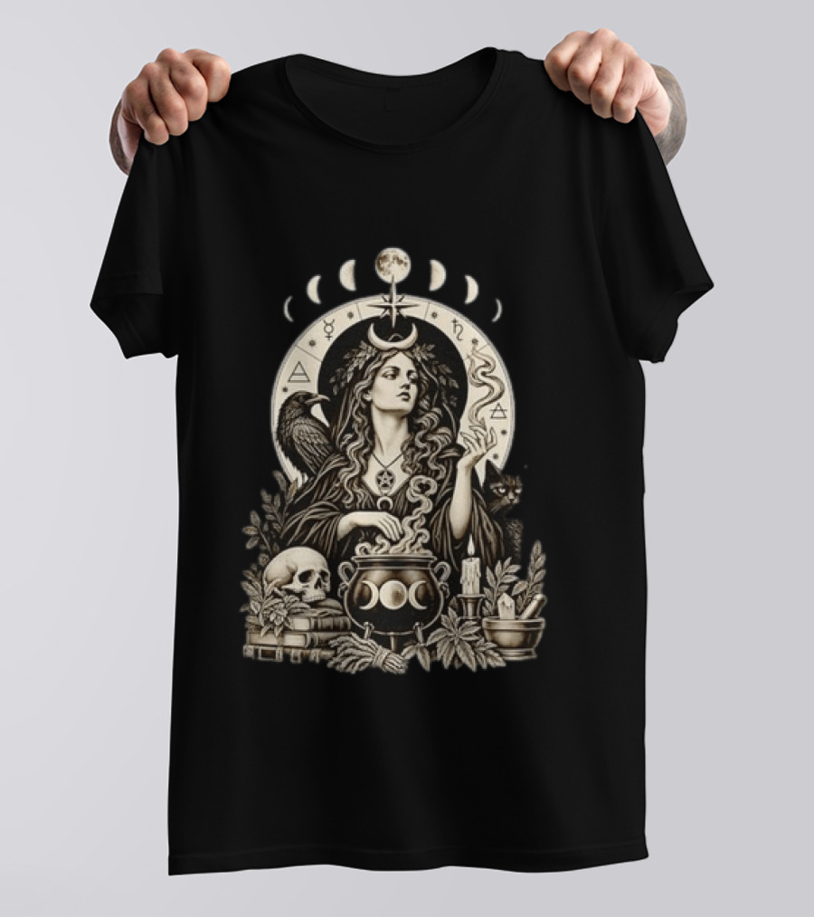Witch Casting Spell With Raven Cat Pentacle Cauldron Moon Phases T-Shirt