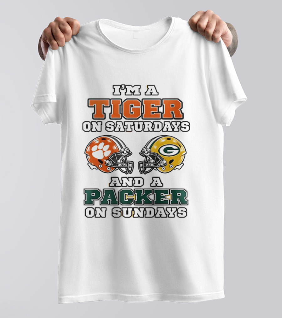 Tiger On Saturdays Clemson Tigers Packer On Sundays Green Bay Packers Helmets T-Shirt