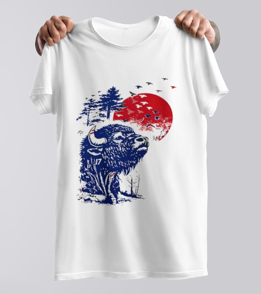 Buffalo Bills 17 Bison Sunset With Trees And Red Sun T-Shirt