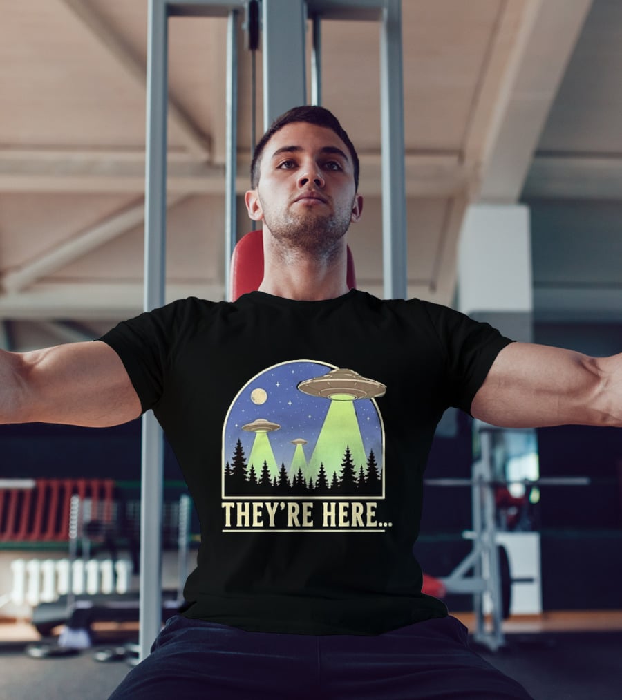 They're Here UFO Alien Abduction Night Forest Scene T-Shirt