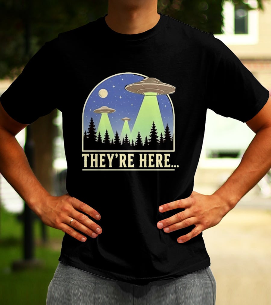 They're Here UFO Alien Abduction Night Forest Scene T-Shirt