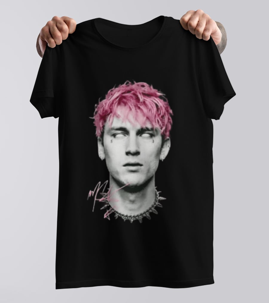 Machine Gun Kelly Pink Hair Spiked Choker Monochrome Signature T-Shirt
