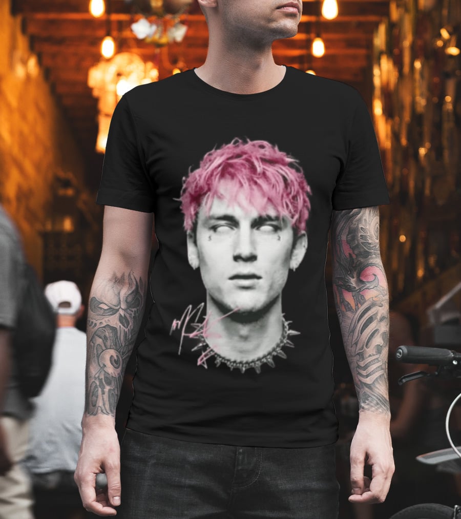 Machine Gun Kelly Pink Hair Spiked Choker Monochrome Signature T-Shirt