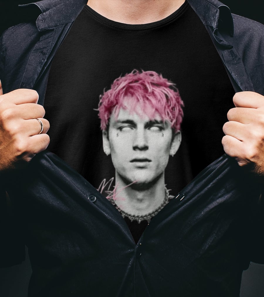 Machine Gun Kelly Pink Hair Spiked Choker Monochrome Signature T-Shirt