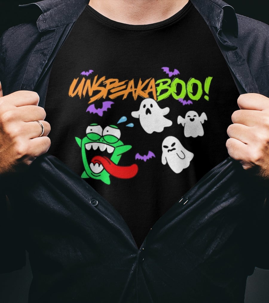 Unspeakaboo Halloween Ghosts With Green Monster And Purple Bats T-Shirt