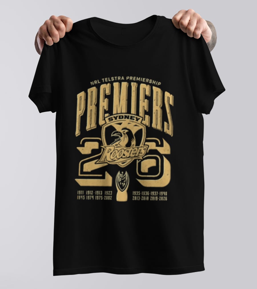 NRL Telstra Premiership Premiers Sydney Roosters 26 Champions History Roosters Gold T-Shirt