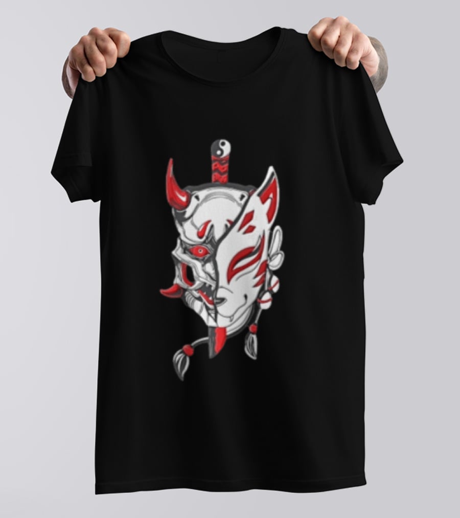 Oni Kitsune Mask Split Samurai Katana Fusion T-Shirt