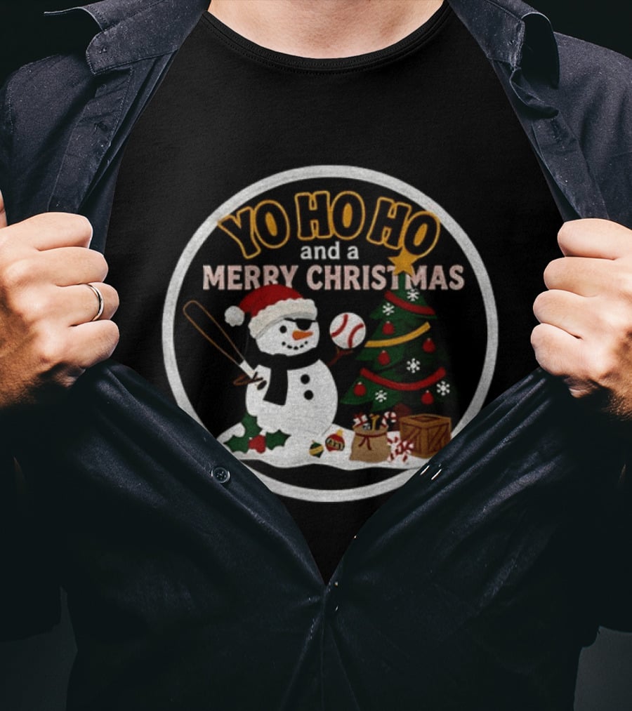 Pittsburgh Pirates Yo Ho Ho Merry Christmas Snowman With Baseball And Tree T-Shirt