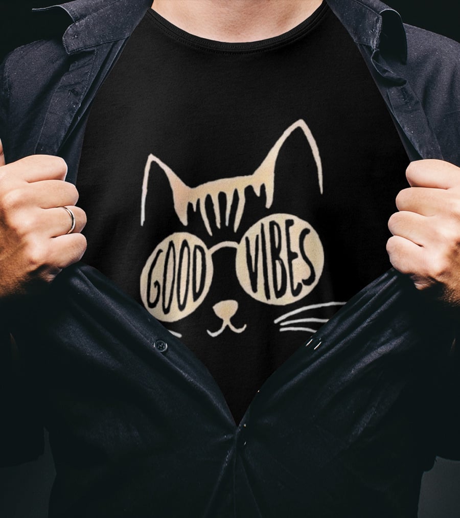Good Vibes Cat Sunglasses Whimsical Feline T-Shirt