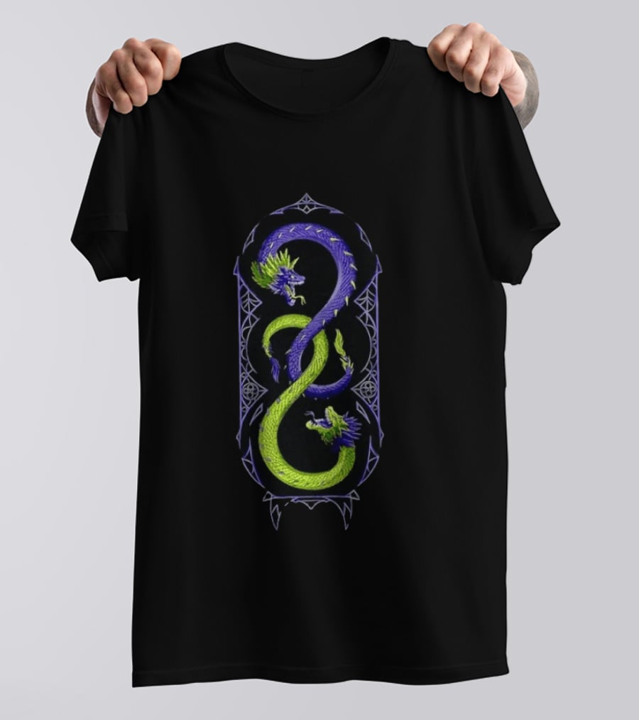 Intertwined Purple And Green Mythical Dragons Infinity Symbol Motif T-Shirt