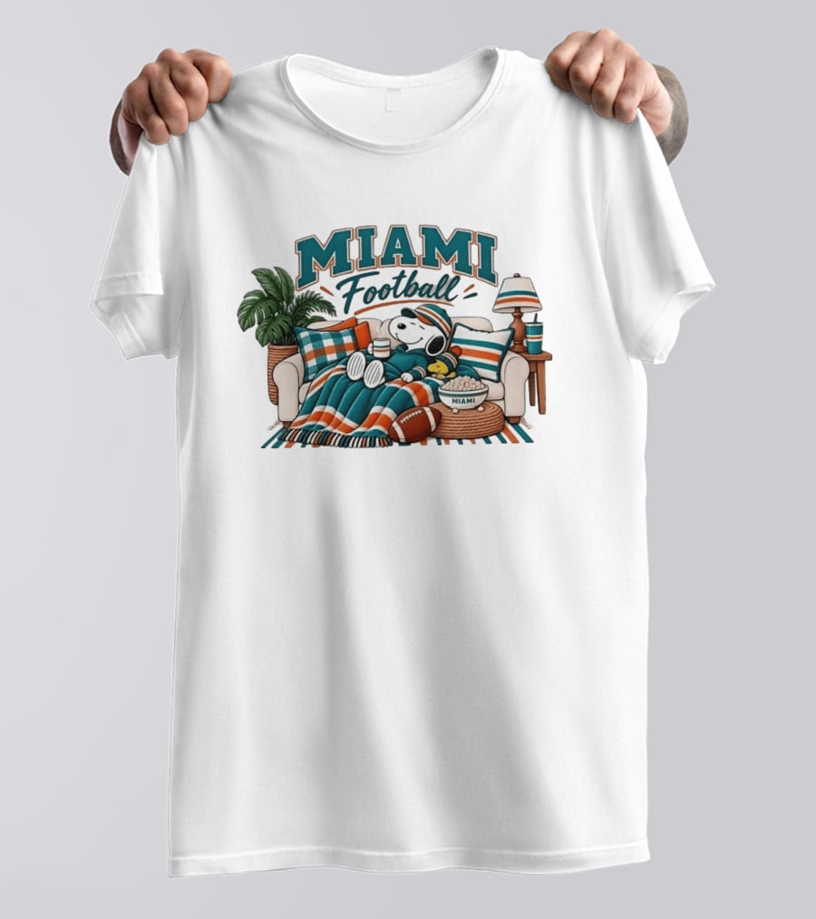Miami Dolphins Snoopy Woodstock Couch With Miami Football T-Shirt