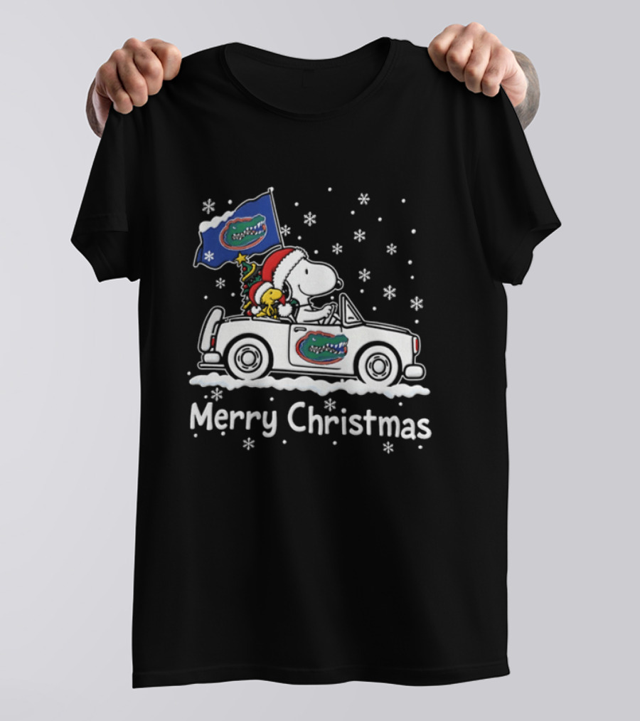 Florida Gators Snoopy Woodstock Driving Car Merry Christmas 2026 Snowflakes T-Shirt