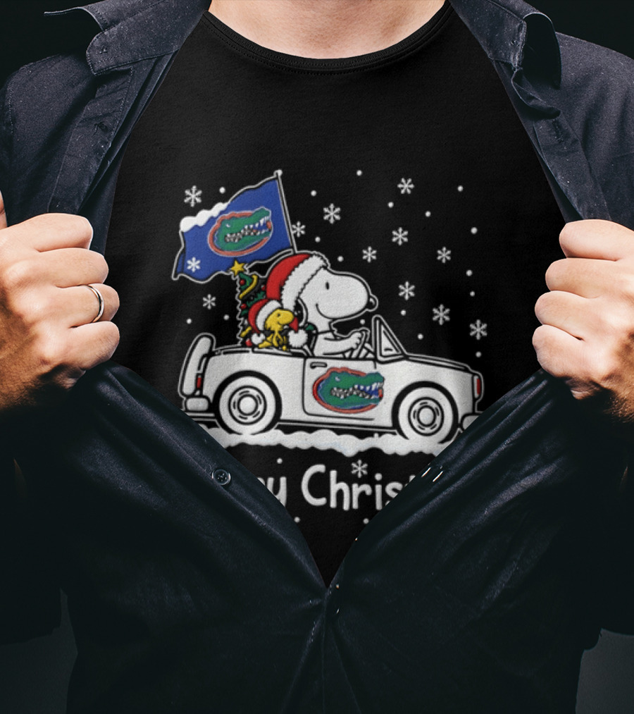 Florida Gators Snoopy Woodstock Driving Car Merry Christmas 2026 Snowflakes T-Shirt