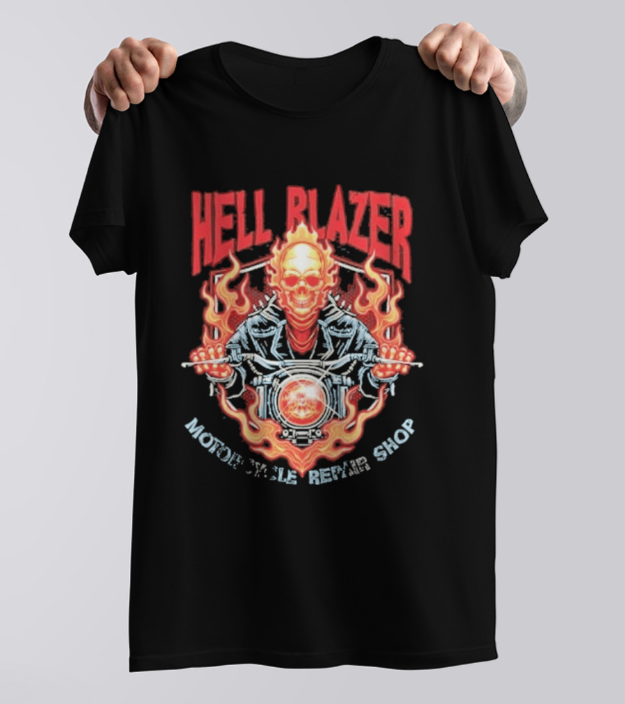 Hell Blazer Motorcycle Repair Shop Fiery Skull And Flames T-Shirt