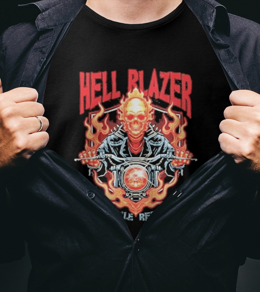 Hell Blazer Motorcycle Repair Shop Fiery Skull And Flames T-Shirt