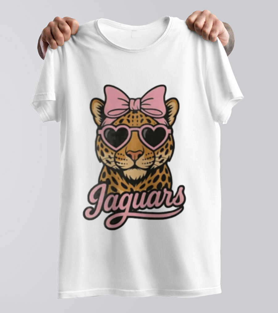 Jacksonville Jaguars Leopard Pink Bow Heart Sunglasses T-Shirt