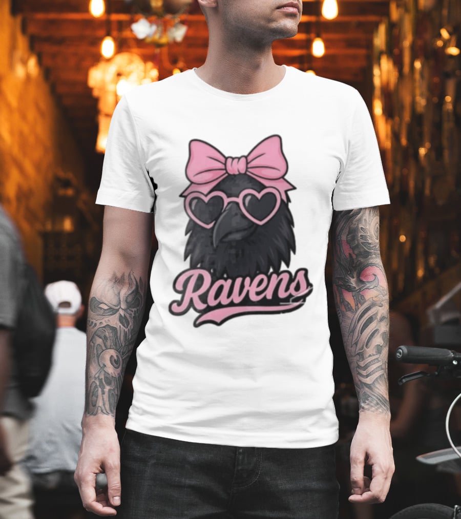 Ravens Raven Pink Bow Heart Sunglasses T-Shirt