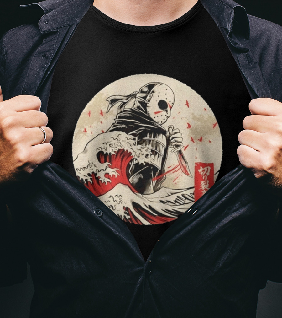 Jason Voorhees Samurai Katana Great Wave Horror Scene T-Shirt