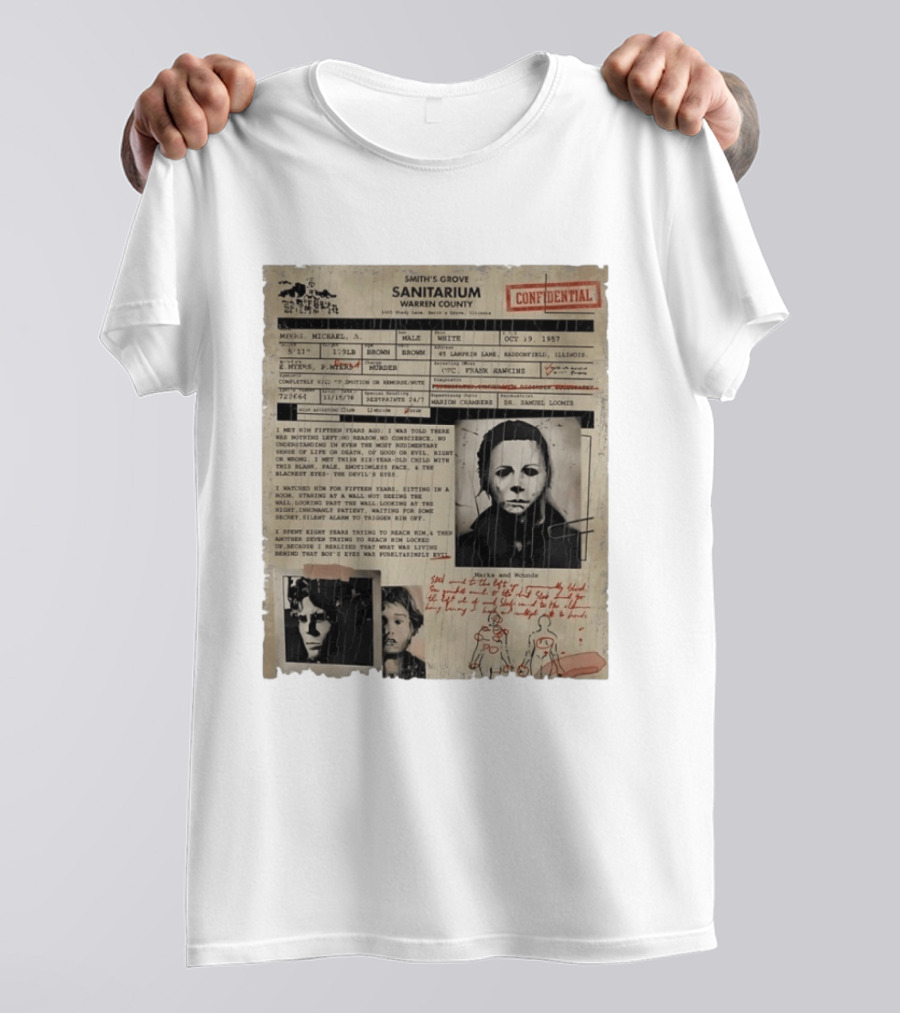 Smith's Grove Sanitarium Confidential Patient File Michael Myers Vintage Horror Movie Scene T-Shirt