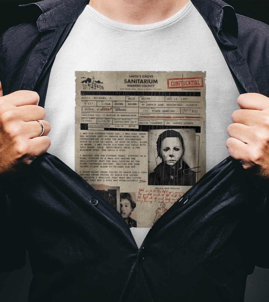 Smith's Grove Sanitarium Confidential Patient File Michael Myers Vintage Horror Movie Scene T-Shirt
