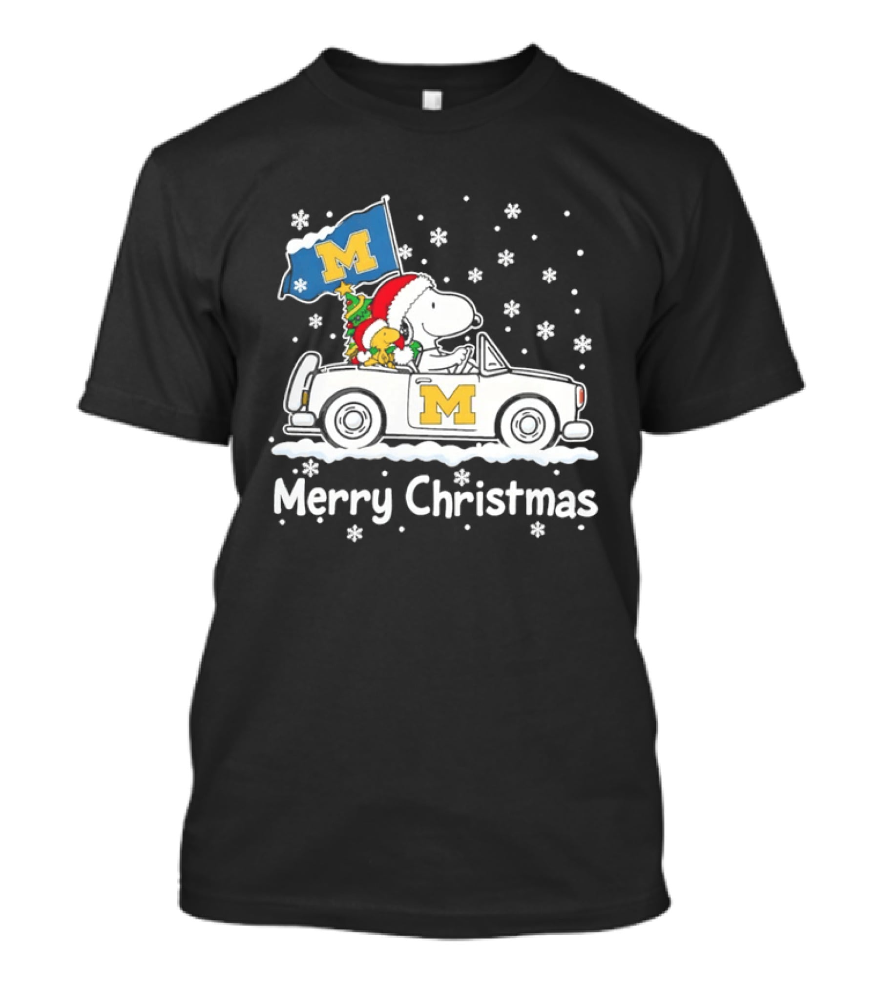 University Of Michigan Wolverines Snoopy Woodstock Christmas Car Flag Snowflakes T-Shirt