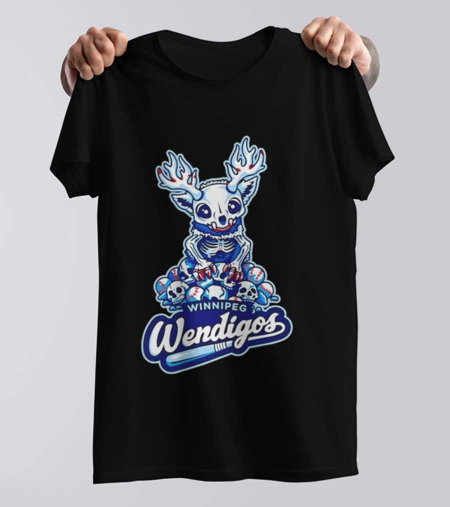 Winnipeg Wendigos Baseball Skull With Antlers And Blue Bats T-Shirt