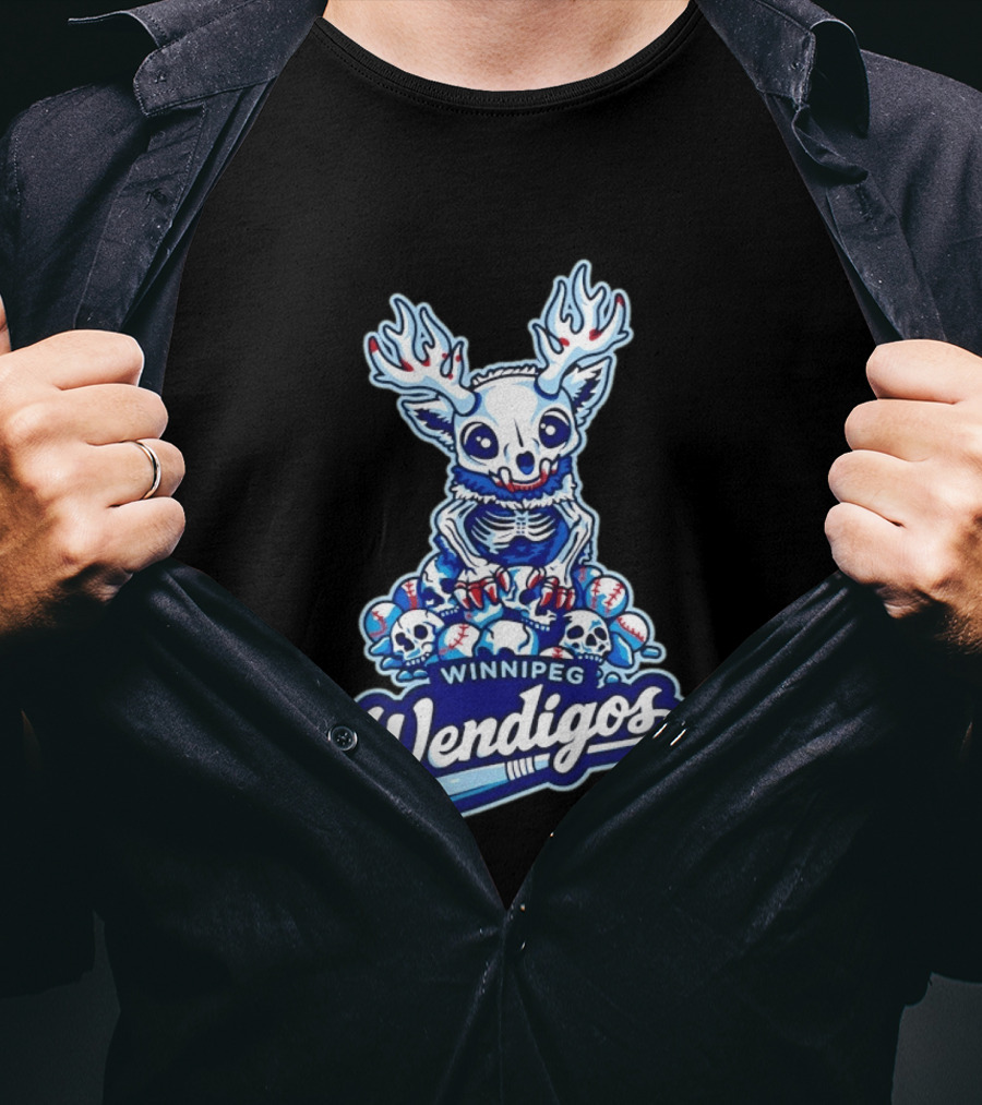 Winnipeg Wendigos Baseball Skull With Antlers And Blue Bats T-Shirt