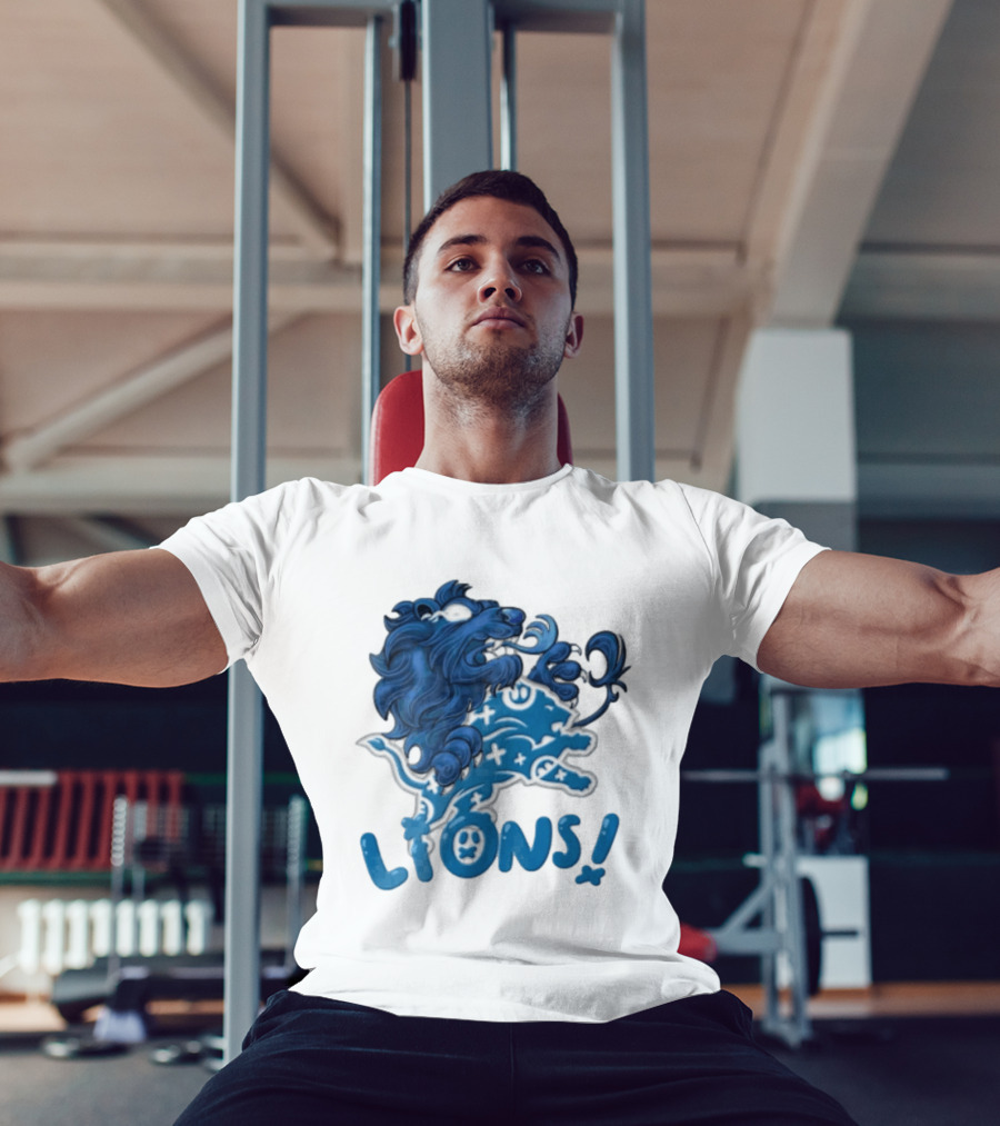 Detroit Lions Blue Lion Roaring Mascot With Playful Lettering T-Shirt