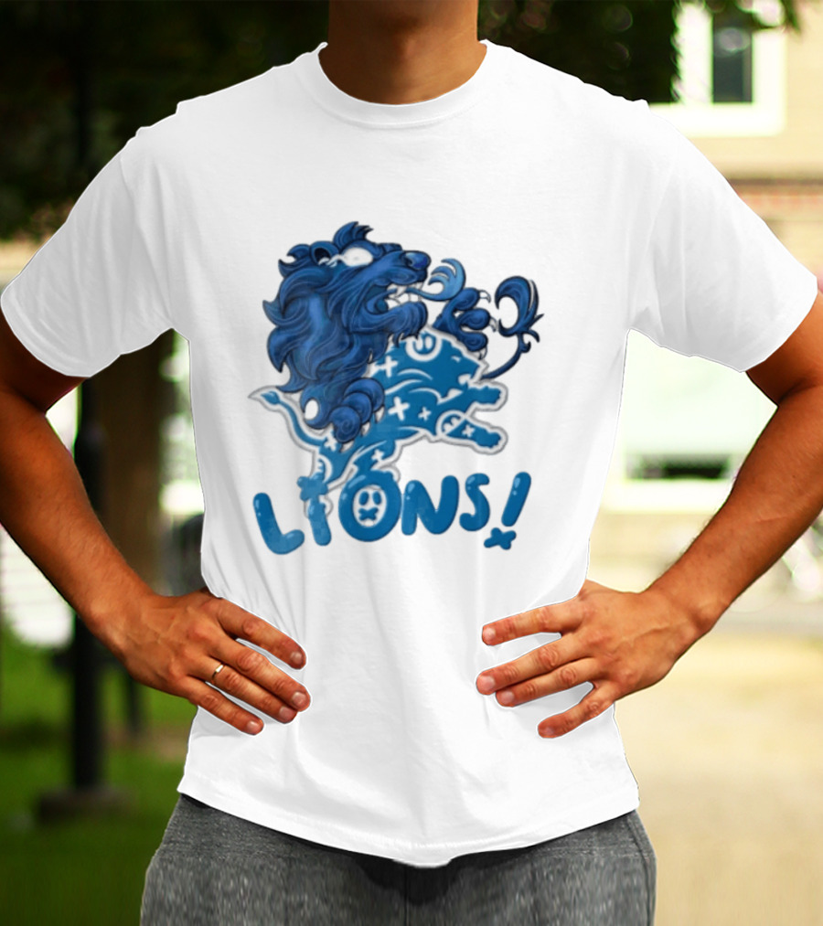 Detroit Lions Blue Lion Roaring Mascot With Playful Lettering T-Shirt