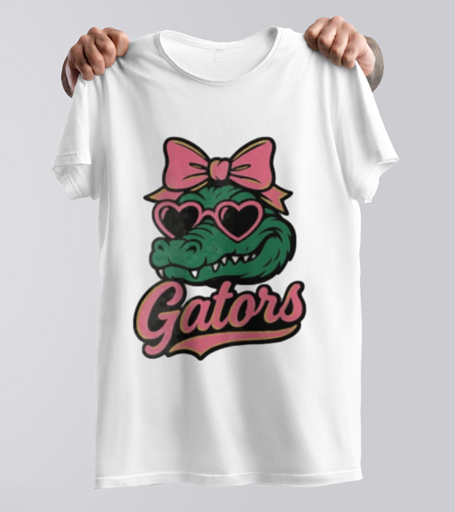 Florida Gators Green Alligator Pink Bow Heart Sunglasses T-Shirt