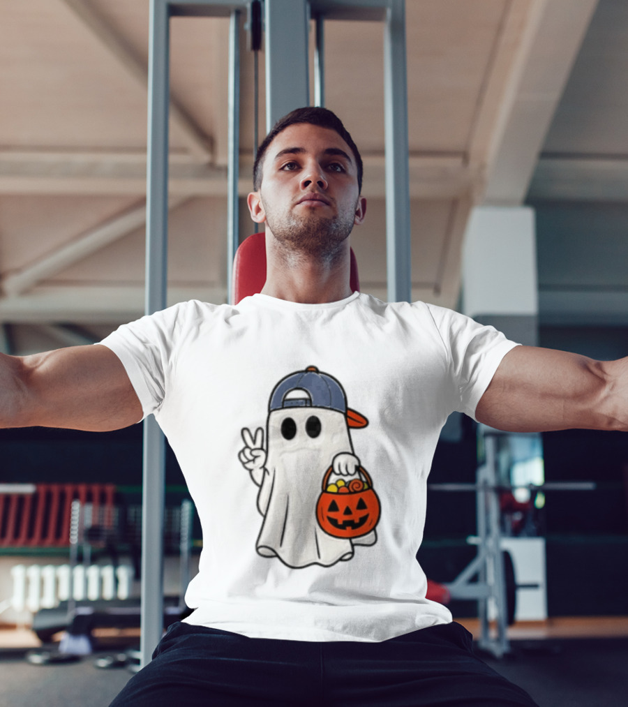 Ghost In Cap With Peace Sign Holding Pumpkin Bucket Halloween T-Shirt