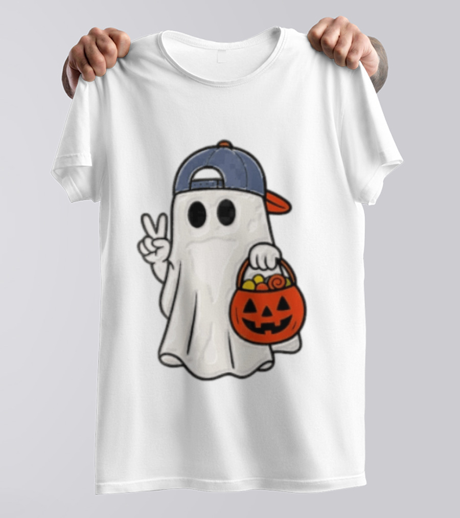 Ghost In Cap With Peace Sign Holding Pumpkin Bucket Halloween T-Shirt