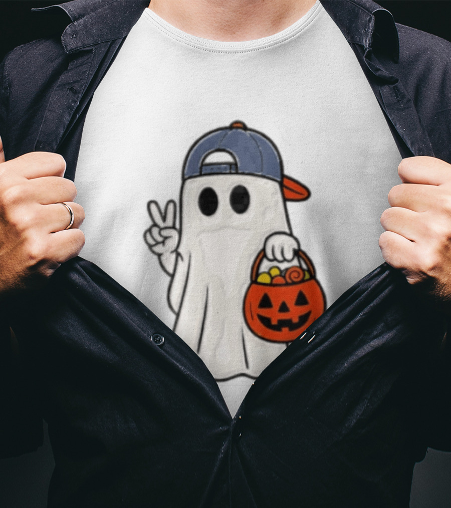 Ghost In Cap With Peace Sign Holding Pumpkin Bucket Halloween T-Shirt