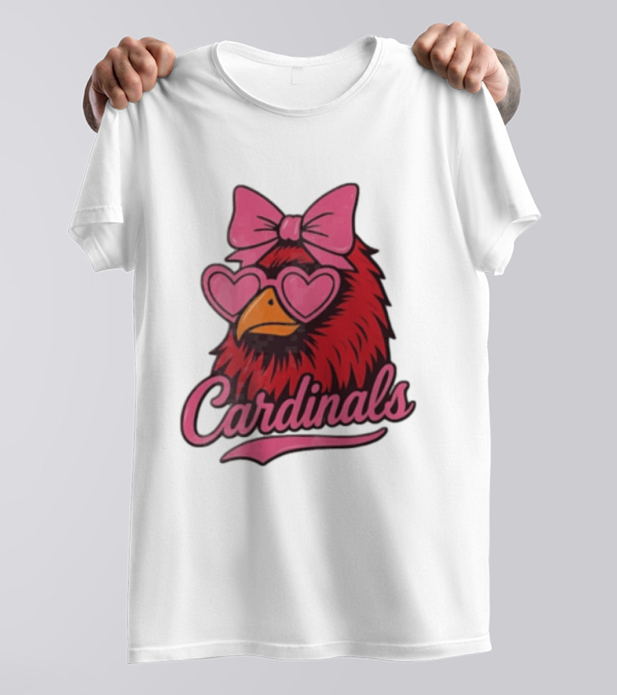 St Louis Cardinals Red Bird Pink Bow Heart Glasses T-Shirt