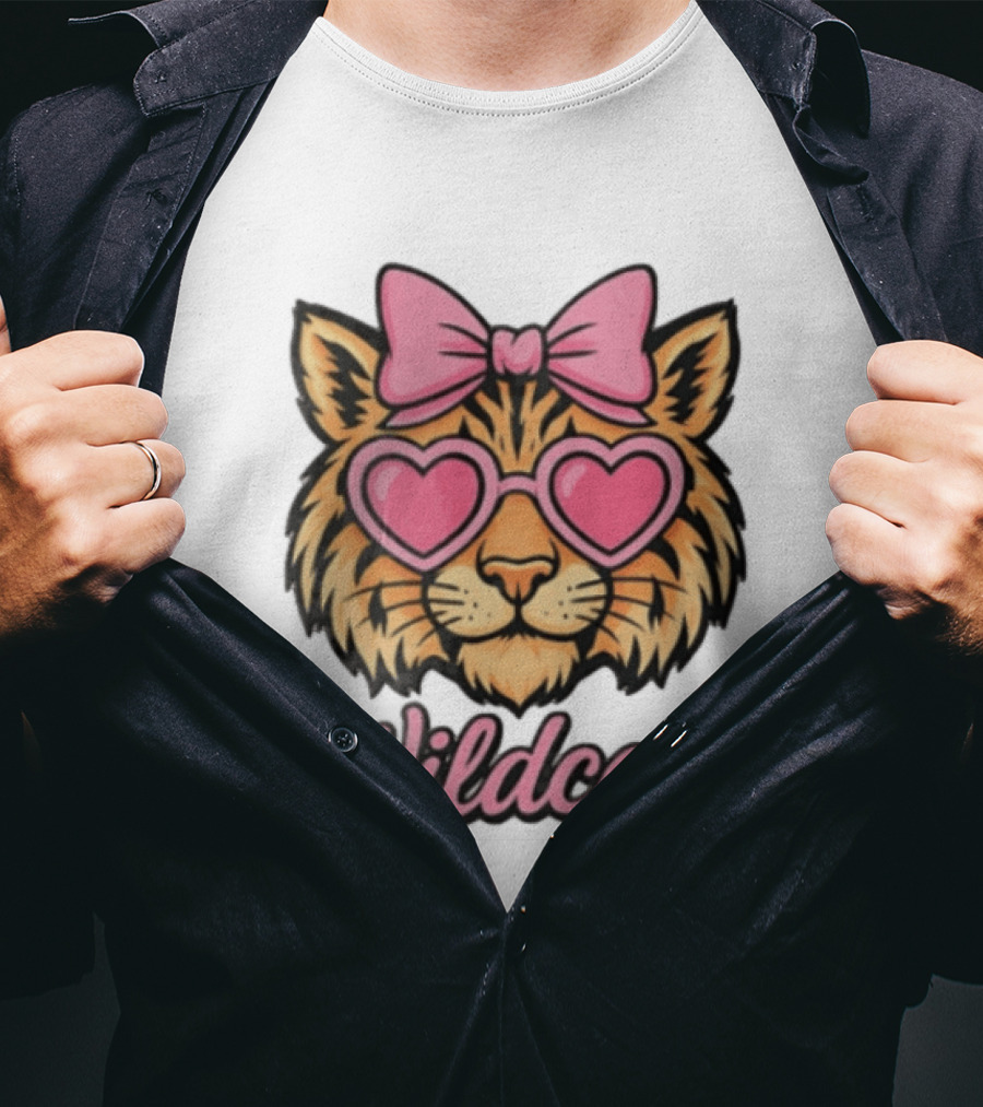 Wildcats Tiger Face Pink Bow Heart Glasses T-Shirt