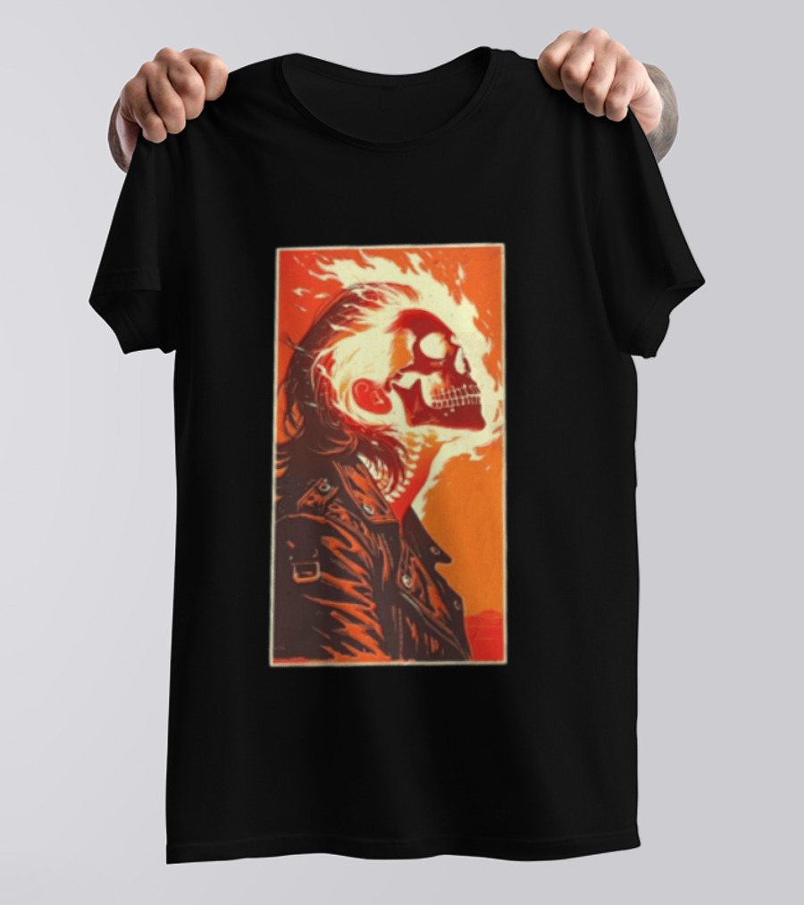 Burnout Flaming Skull Leather Jacket Man Fiery T-Shirt