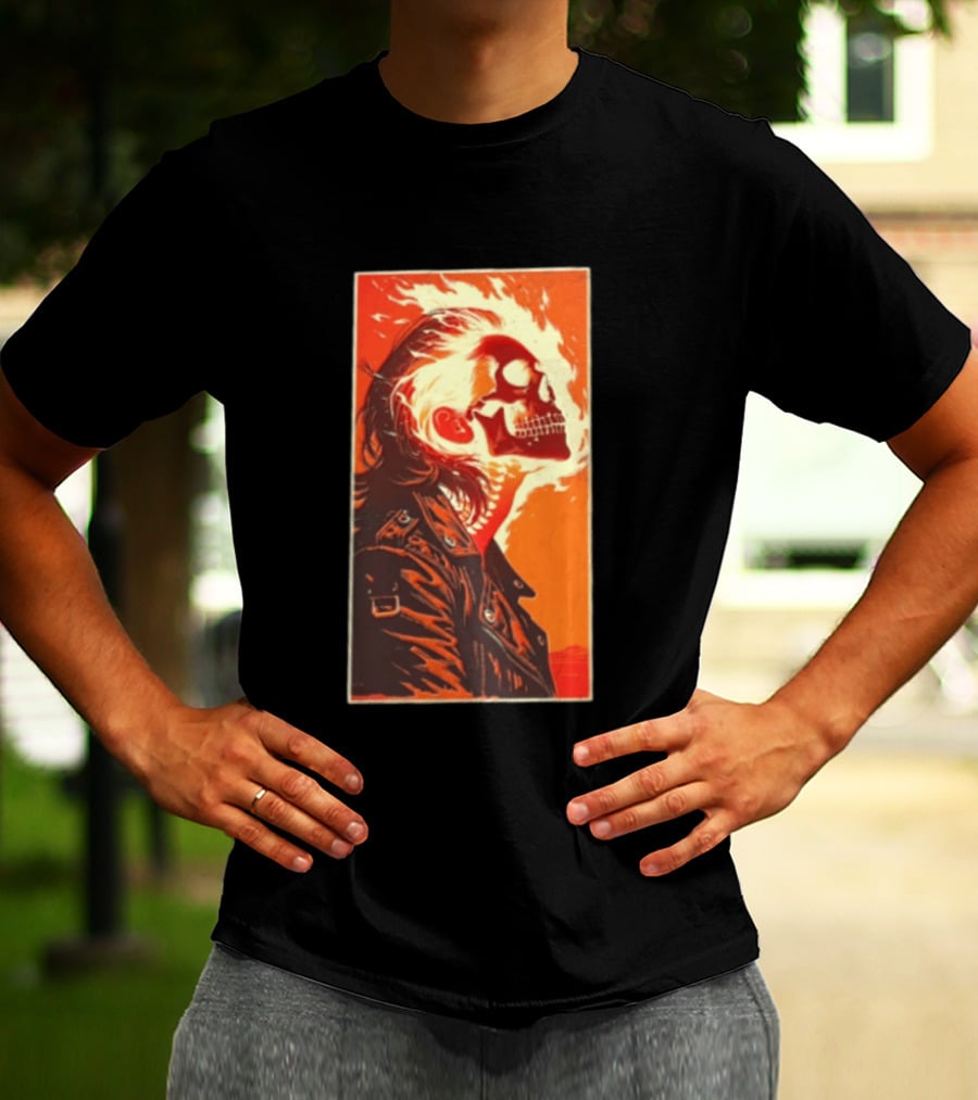 Burnout Flaming Skull Leather Jacket Man Fiery T-Shirt