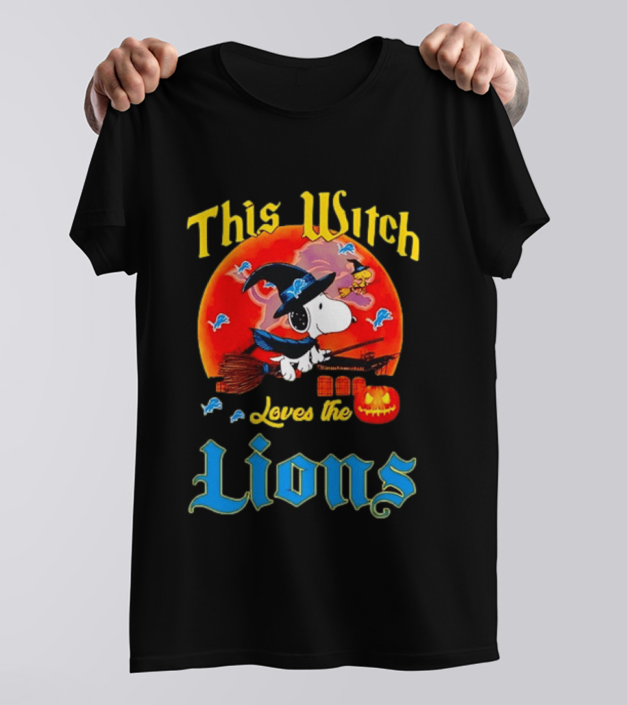 Snoopy This Witch Loves The Lions Halloween Pumpkin Broom Peanuts T-Shirt