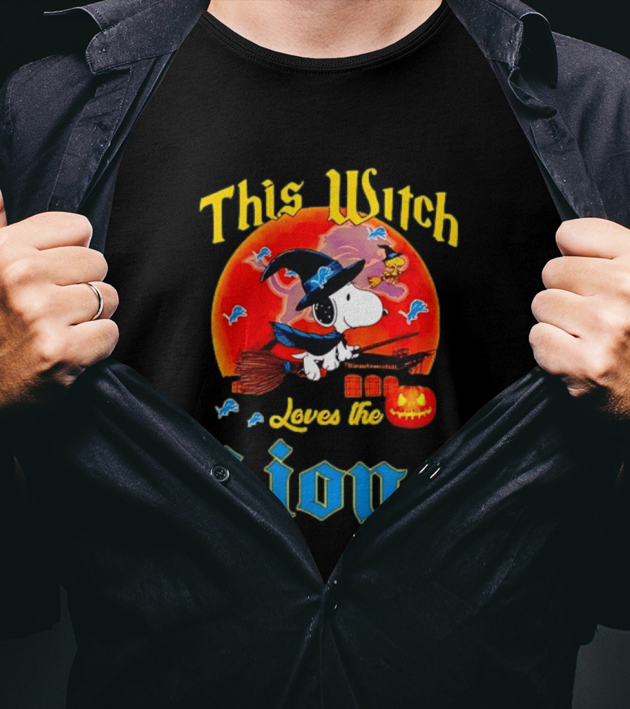 Snoopy This Witch Loves The Lions Halloween Pumpkin Broom Peanuts T-Shirt